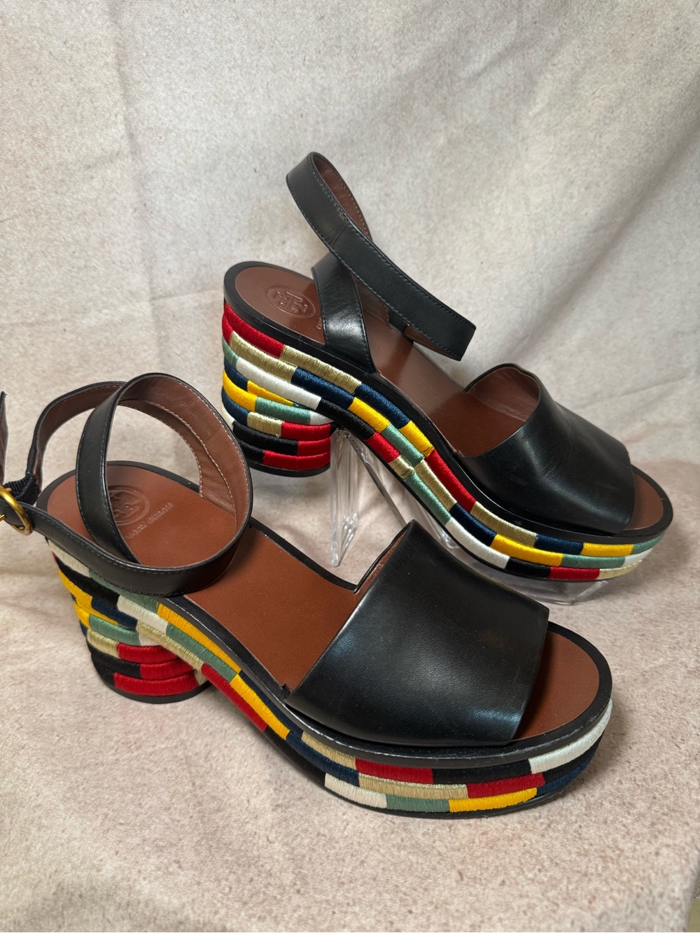 Tory Burch Black Leather Platform Sandals with Multicolor Woven Trim